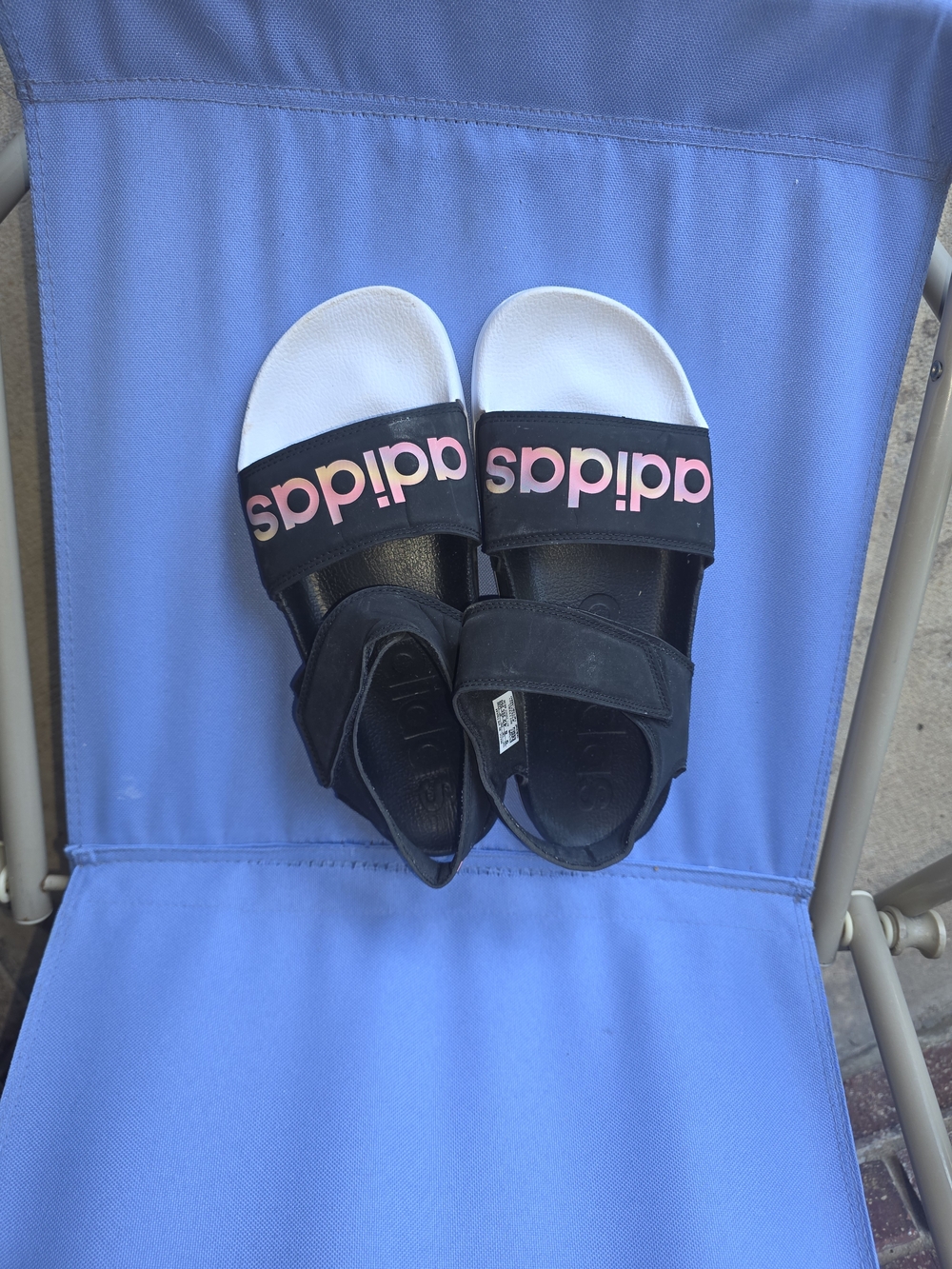 Adidas Women's Black and White Slide Sandals with Pink Logo